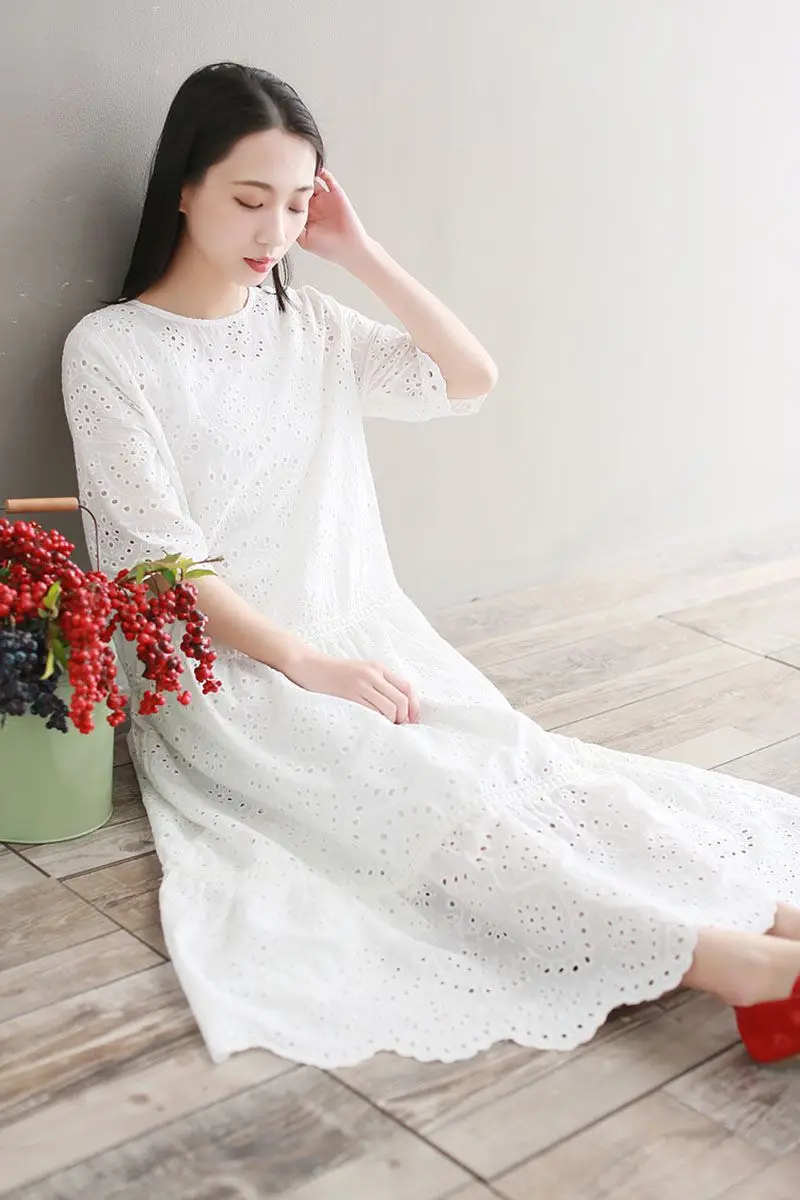 Mori Girl/платье миди с вышивкой; сезон весна-лето; белое хлопковое платье с вырезами; элегантные вечерние платья с короткими рукавами; Vestido Longo