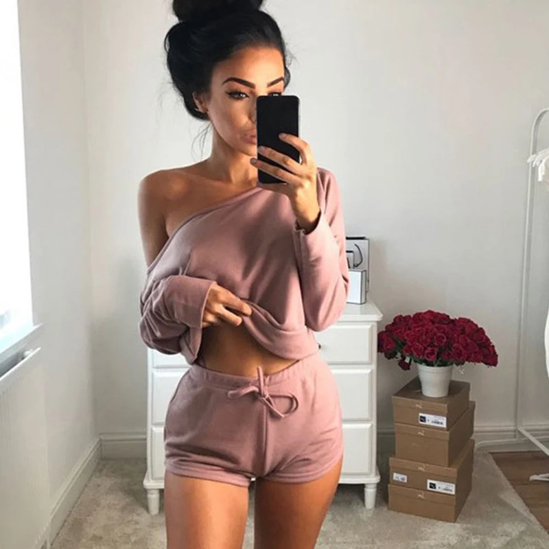

New Fashion Autumn Women Ladies Tracksuit Long Sleeve Crop Top Hoodies+Casual Lace Up Shorts Women Leisure Wear