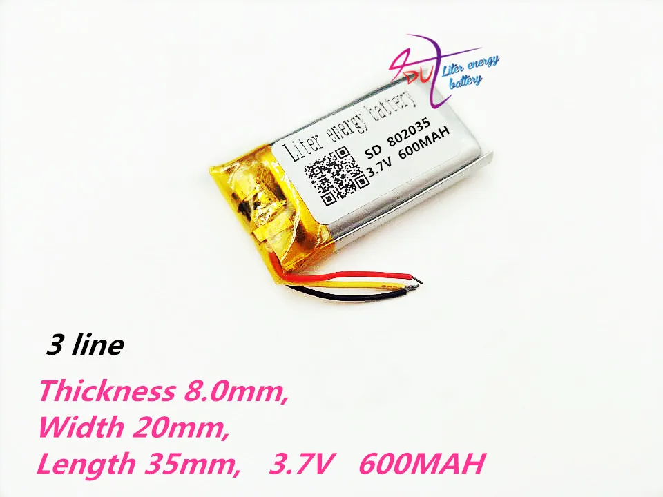 3 провода полимерный аккумулятор 802035 3,7 V 600MAH умный дом MP3 колонки литий-ионный аккумулятор для DVR, gps, MP3, MP4, сотового телефона, динамика