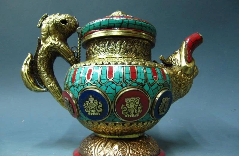 

Tibet Copper Bronze handwork inlay turquoise Red coral Eight Treasure Stoup Pot