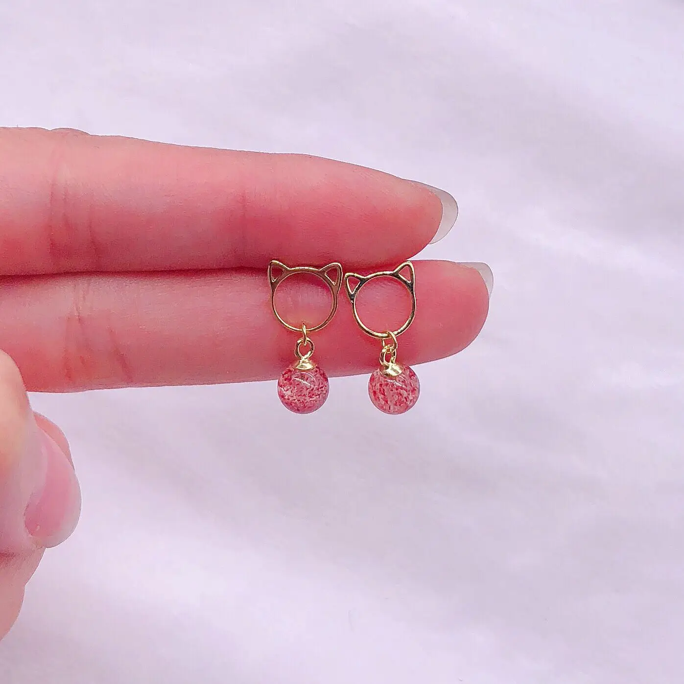 strawberry crystal cute cat earring 100% 925 Sterling silver Jewelry fashion Hypoallergenic Stud earrings for women gift