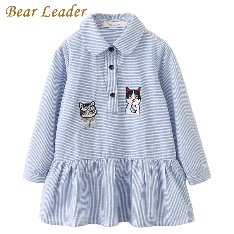 Bear leader/платье для девочек коллекция года; модные рубашки; платья Детские платья с длинными рукавами в синюю полоску с вышитым воротником - Цвет: blue az1212