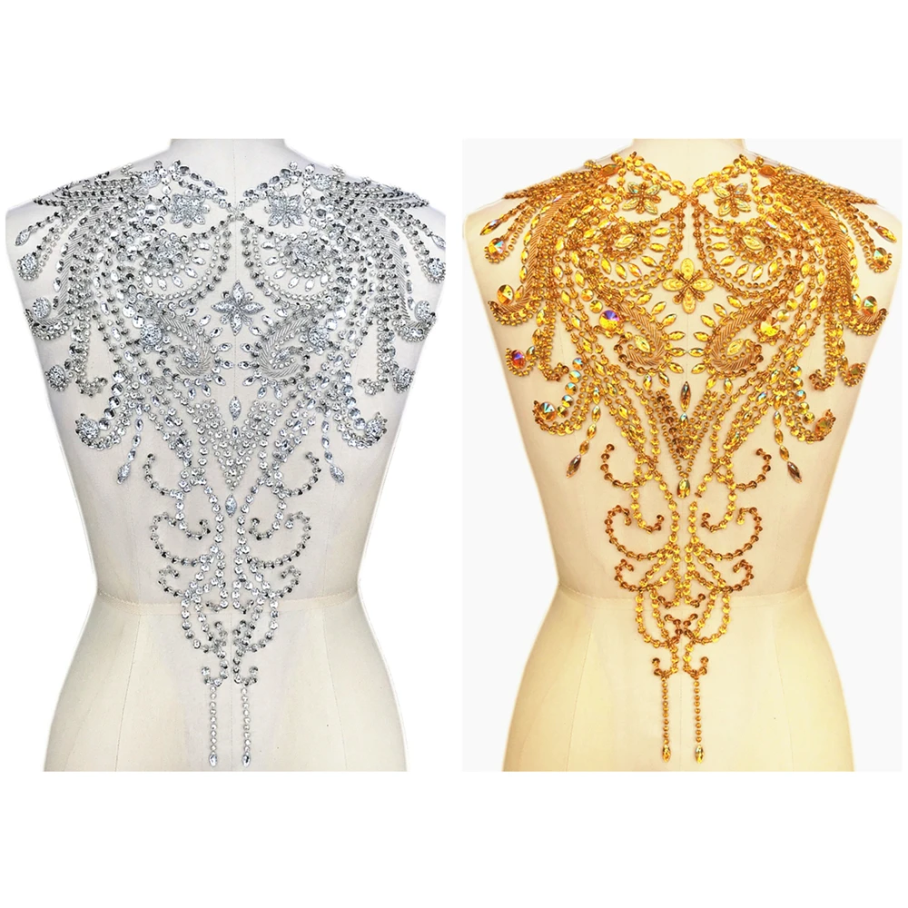 

GORGEOUS Yellow Silver 35x50cm Sew on Rhinestones Crystal Hand Beaded Patch Applique Decorative For Sewing Bridal Wedding Dress