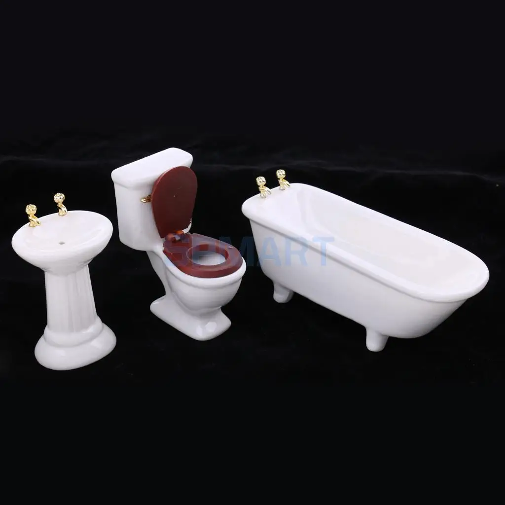 3Pcs 1/12 Scale Dollhouse Miniature White Ceramic Bathroom Bathtub Set Furniture Decoration Dolls Accessory Pretend Play Toys