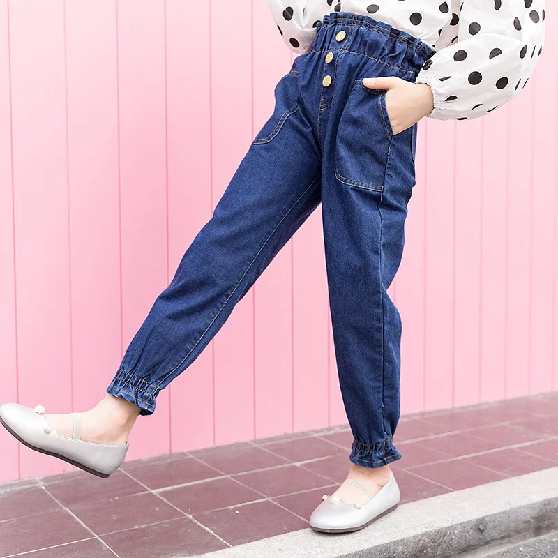 Новые модные джинсы с высокой талией для девочек-подростков Осенние Синие детские джинсы для девочек, детские штаны повседневные брюки, одежда для детей от 4 до 12 лет