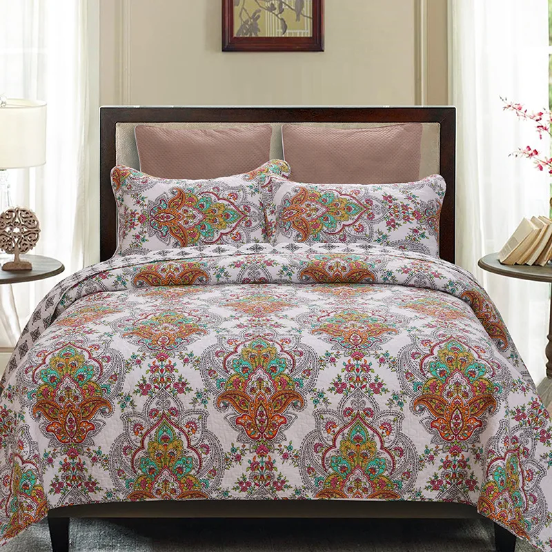 

CHAUSUB Printed Cotton Bedspread Quilt Set 3PCS AB-side Coverlet Quilted Bed Cover Sheets Pillowcase King Queen Size Quilts