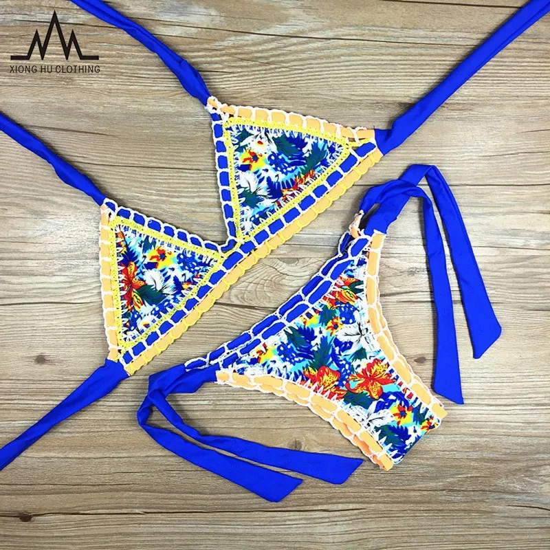 

2016 Hot Sale Sexy Knitted Bikini Wire Free Quick dry Split Bikini Knitted Swimsuit Handmade Beach Swimwear For Women