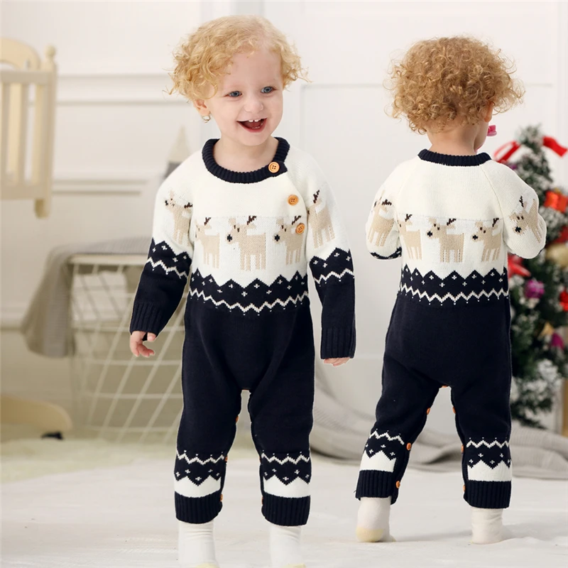 Infant Romper Christmas Deer Newborn Baby Boys Girls Knitting Rompers Long Sleeve Toddler Warm Clothing Baby Winter Outfit Navy-3