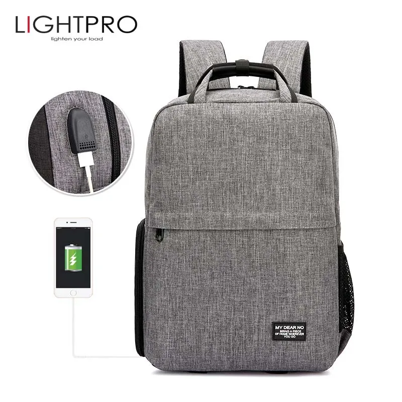 

Camera Grey Black Waterproof Shoulders Bag DSLR Shockprood Fashion Casual Backpack Tripod Case w/ USB Port fit for 15.6in Laptop