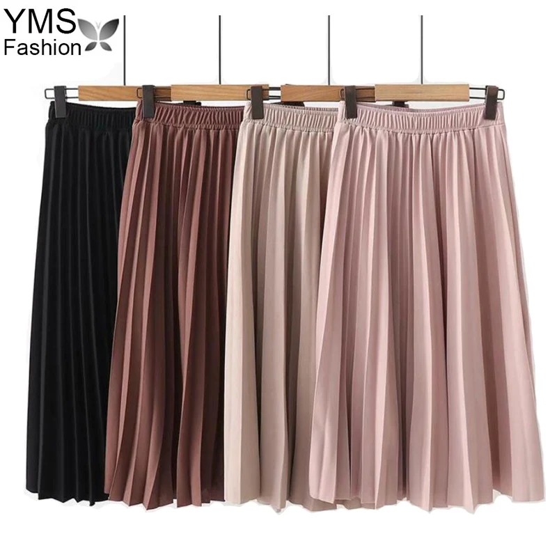 Весна лето женская юбка с высокой талией Повседневная однотонная плиссированная юбка корейские элегантные женские офисные миди юбки