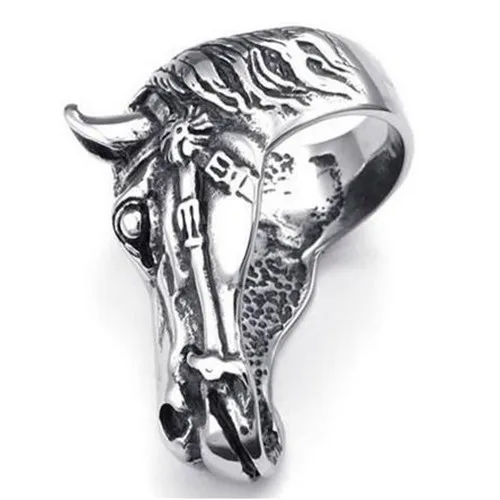 

Mens Stainless Steel Ring, Large Horse, Black Silver