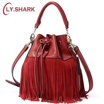 

LY.SHARK Women Leather Handbags Tassel Bucket Bag Luxury Handbags Women Bags Designer Quality Shoulder Crossbody Messenger Bags