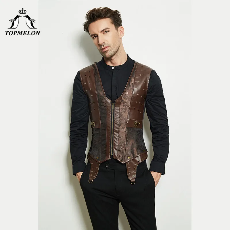 

TOPMELON Steampunk Men Shapewear Brown Lace Up Corset V Neck Body Shaper Front Zipper Slimming Sleeveless Clothing 2018 Fashion