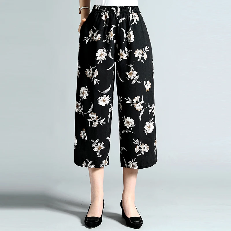 

Woman Plus Size Elastic High Waist Calf-Length Pants Female Summer Thin Breathable Trousers Lady Oversized Loose Floral Capris