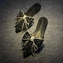 Новинка модные женские туфли летние тапочки с бантом; большие размеры от стразы удобные острый носок женская обувь на плоской подошве женская обувь