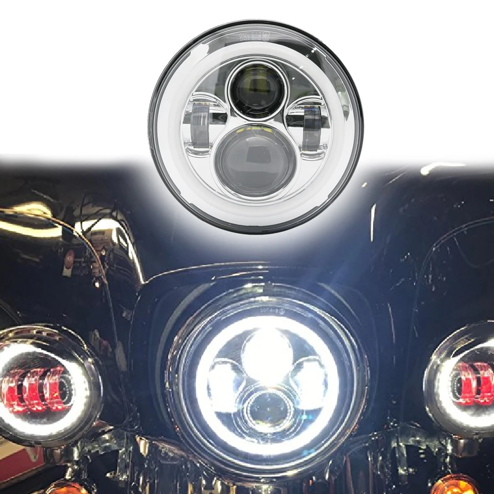 Chrome 7 in Round Led Headlight halo Angel Eye for Harley Davidson Road