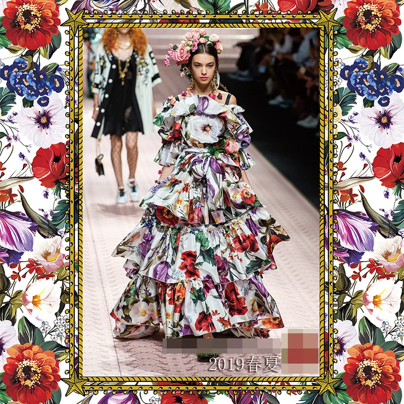 

New European and American spring and summer show high-grade printed fabric polyester fashion skirt shirt women's clothing cloth