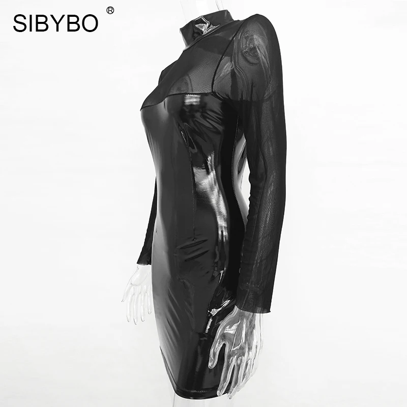 Sibybo, сетчатые платья с длинным рукавом для вечеринок,, летние, ПУ, пэтчворк, выдалбливают, облегающее, Бандажное, сексуальное Клубное платье Vestidos