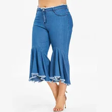 Wipalo для женщин; Большие размеры 5XL по щиколотку, Длина Раффлед расклешенные джинсы женские Повседневное брюки с широкими штанинами сапоги до бедра, Размеры летнее джинсовое