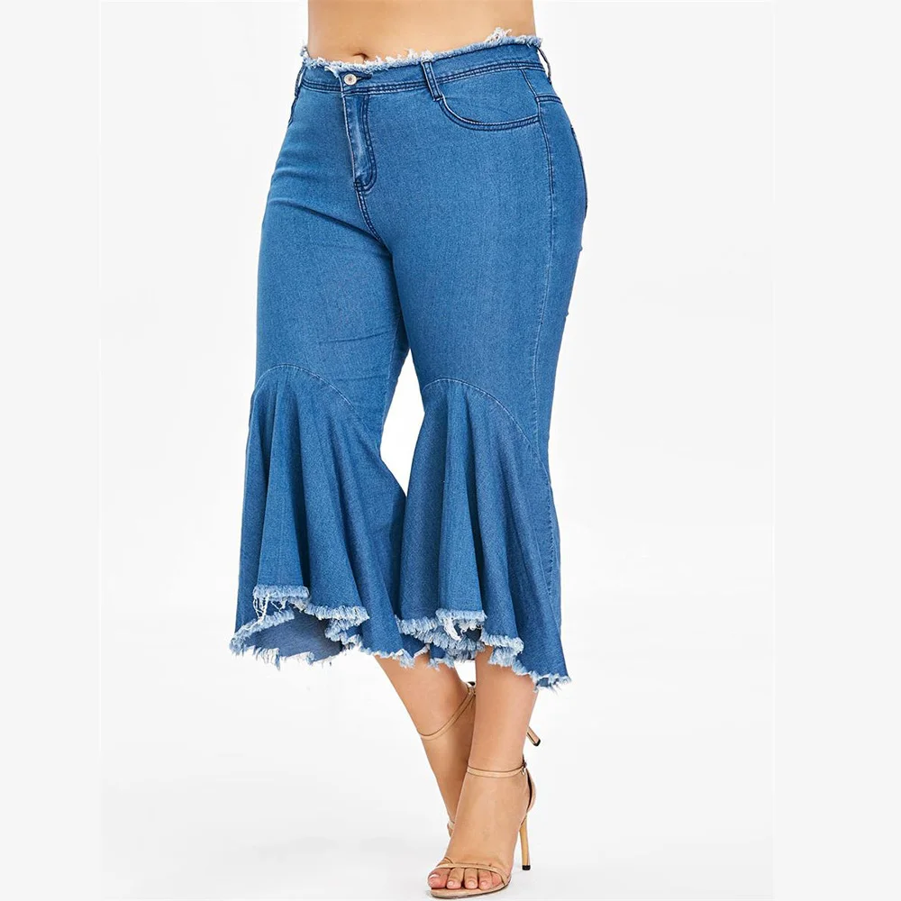 

Wipalo Women Plus Size 5XL Solid Calf Length Ruffled Flare Jeans Ladies Casual Wide Leg Pants Female Oversize Summer Denim Jeans