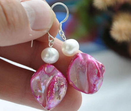

free shipping 00145 pink square shell white round pearl DANGLE EARRING