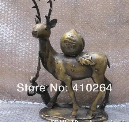 

Shipping H 13" China Vintage Bronze Carved Auspicious Bat Deer Peach statue