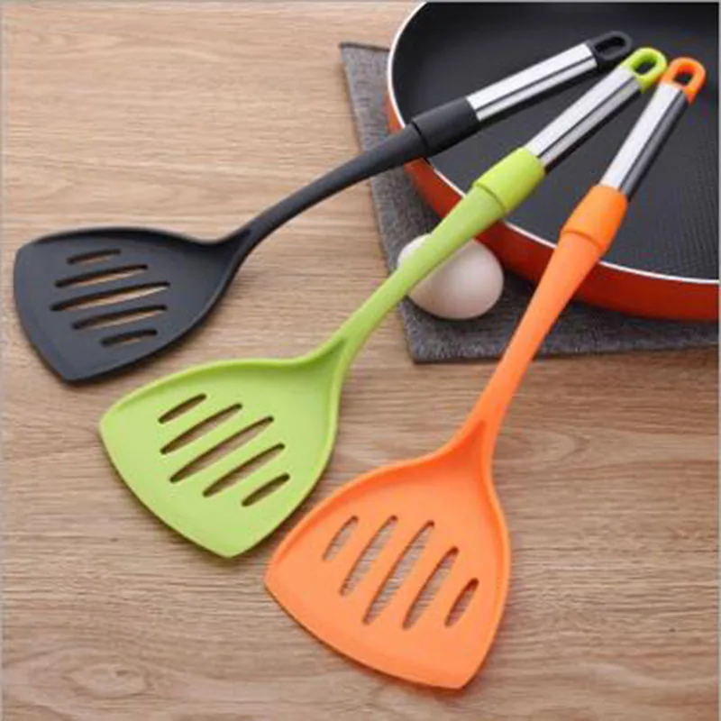 

1PC Silicone Sweet Color Slotted Spatula Stainless Steel Handle Nonstick Frying Fish Chips Shovel Oil Leak Kitchen Accessory