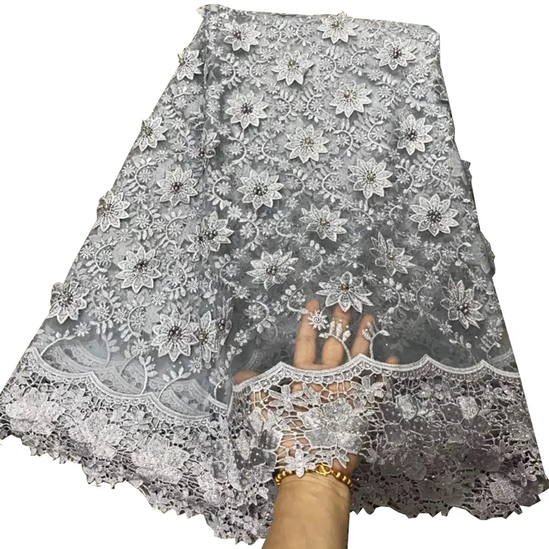 

( 5yards/pc) Wonderful grey African French net lace fabric with beautiful 3D flowers and diamond stones for party dress FLV03