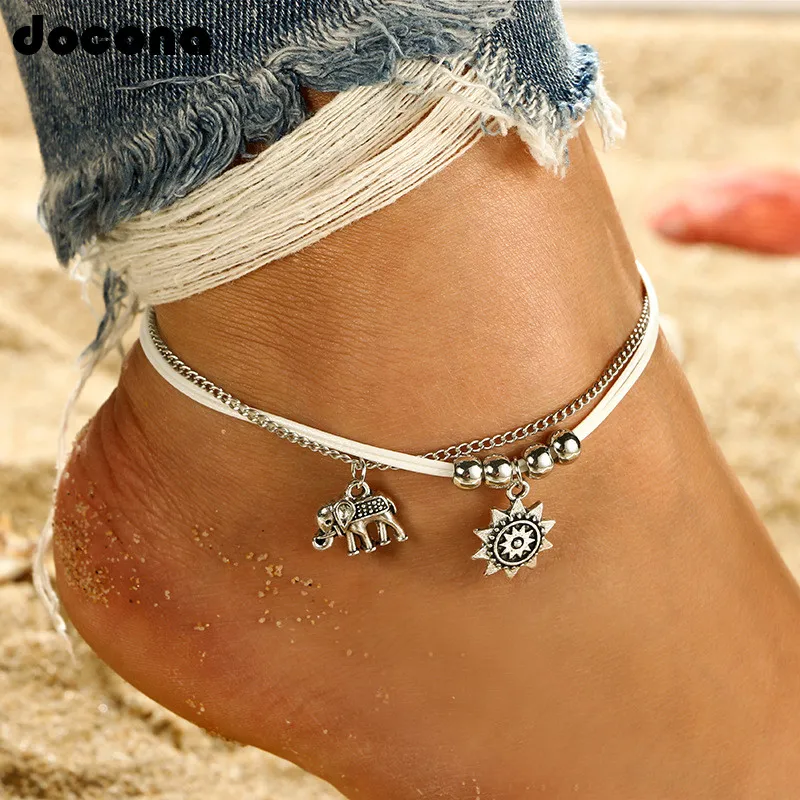 

Docona Vintage Silver Color Elephant Sun Pendant Anklets for Women Girl Boho Metal Chains Anklet Bracelet Foot Jewelry 4784