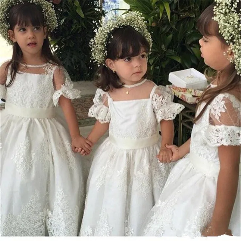 

White Tulle Holy First Communion Gowns with Lace Appliques Sheer Neck Illusion Back Short Sleeves Custom Made Girls Pageant Gown