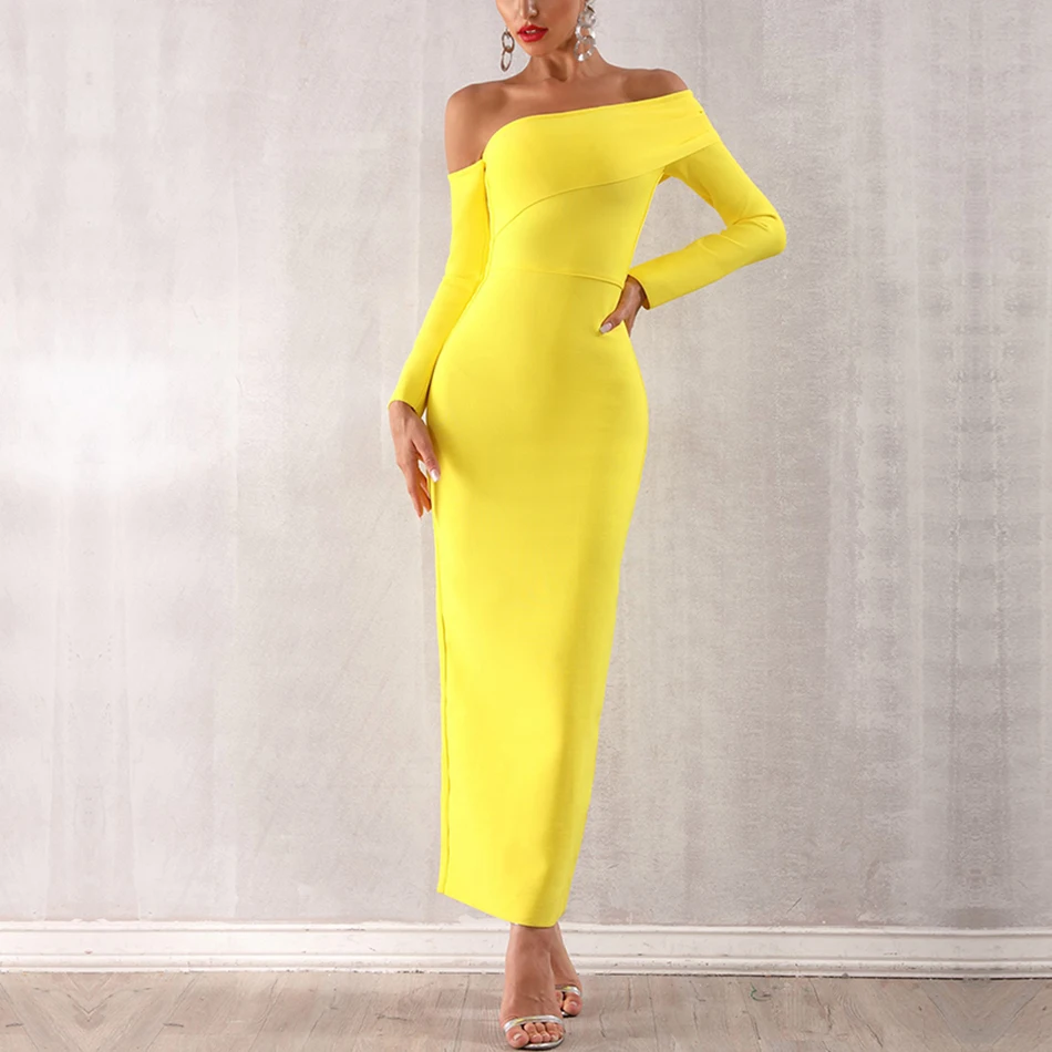 

Seamyla 2019 New Bandage Dress Women Elegant Slash Neck Evening Party Dresses Vestidos Sexy Bodycon Yellow Club Long Maxi Dress