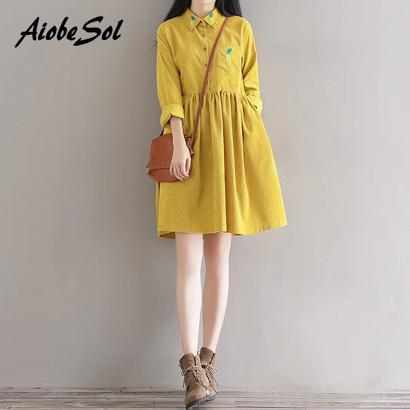 

2017 New Spring Autumn Women Clothing Preppy Vintage Solid Long Sleeve Pineapple Embroidery Plus Size Corduroy Dress Mori Girl