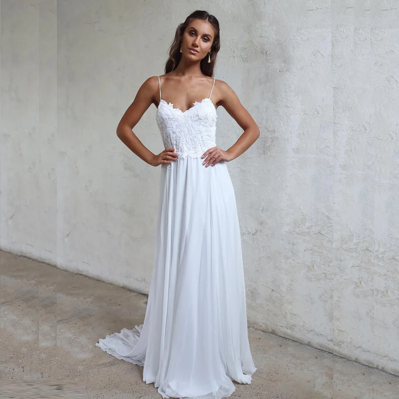 LORIE, пляжные свадебные платья на тонких бретелях,, Robe de soiree, Винтажный кружевной топ, элегантное женское Бохо шифоновое длинное свадебное платье