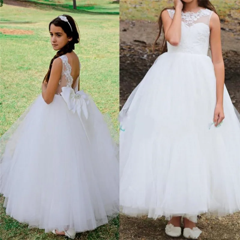 Белые платья для первого причастия с большим бантом, платье с цветочным узором для девочек на свадьбу без рукавов с открытой спиной, платье принцессы любой размер любой расцветки