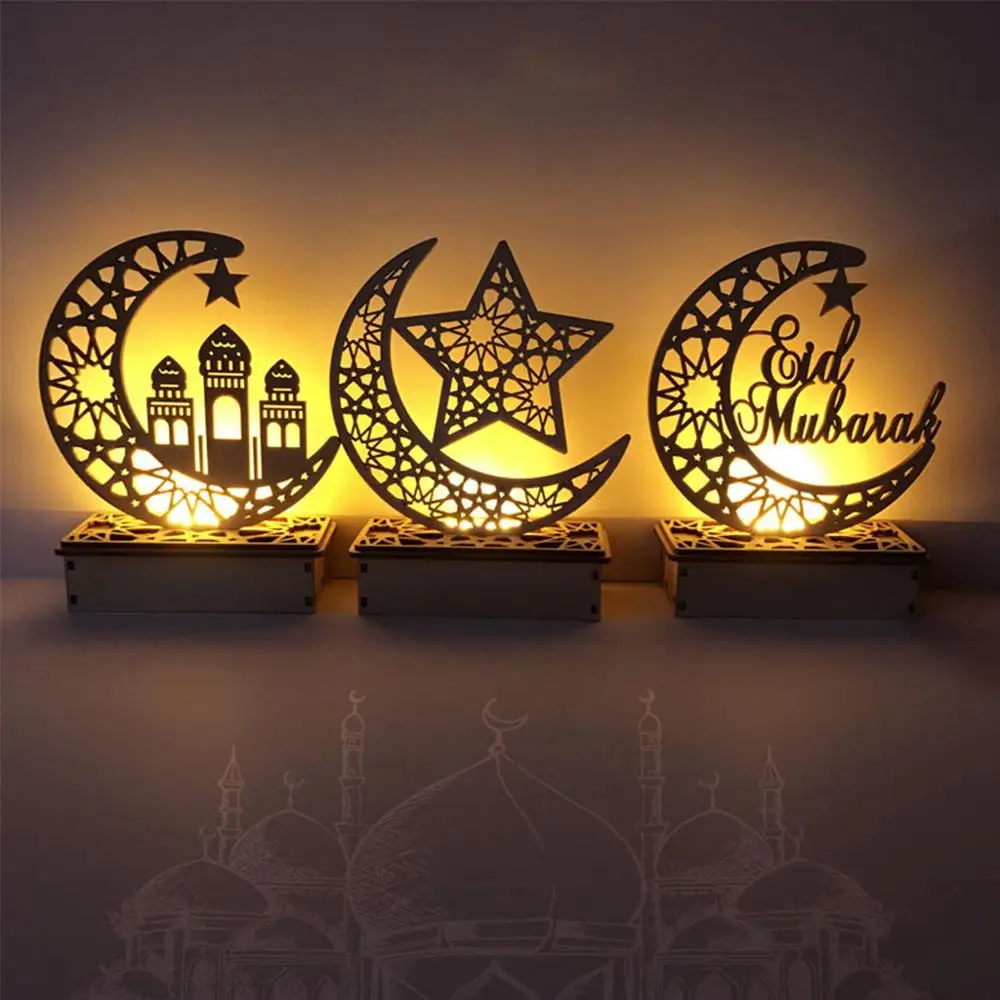 

Wooden Ramadan Eid Ornament Mubarak Moon Star Islam Hanging Pendant Plate With LED String Light Home Party Supplies DIY Gift