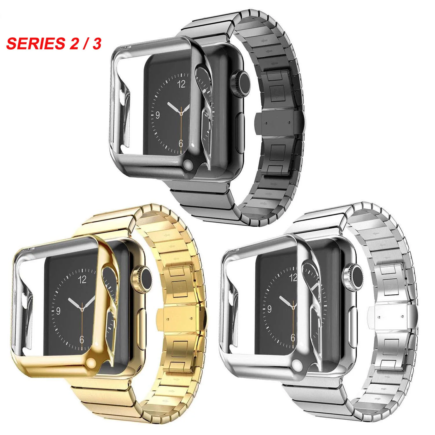 Позолоченный защитный чехол + браслет из нержавеющей стали для Apple Watch Series 2 3