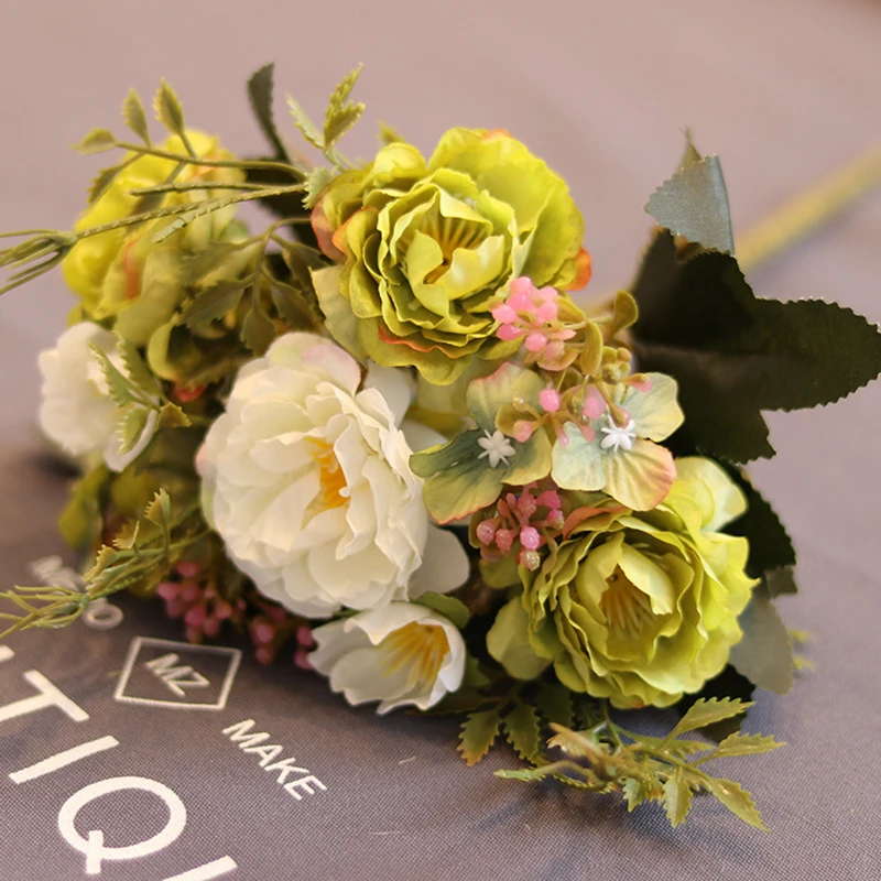 8 голов букет шелковые искусственные цветы «сделай сам» Пион Роза имитация цветок зеленые листья для домашних ВАЗ Свадебная вечеринка Декор