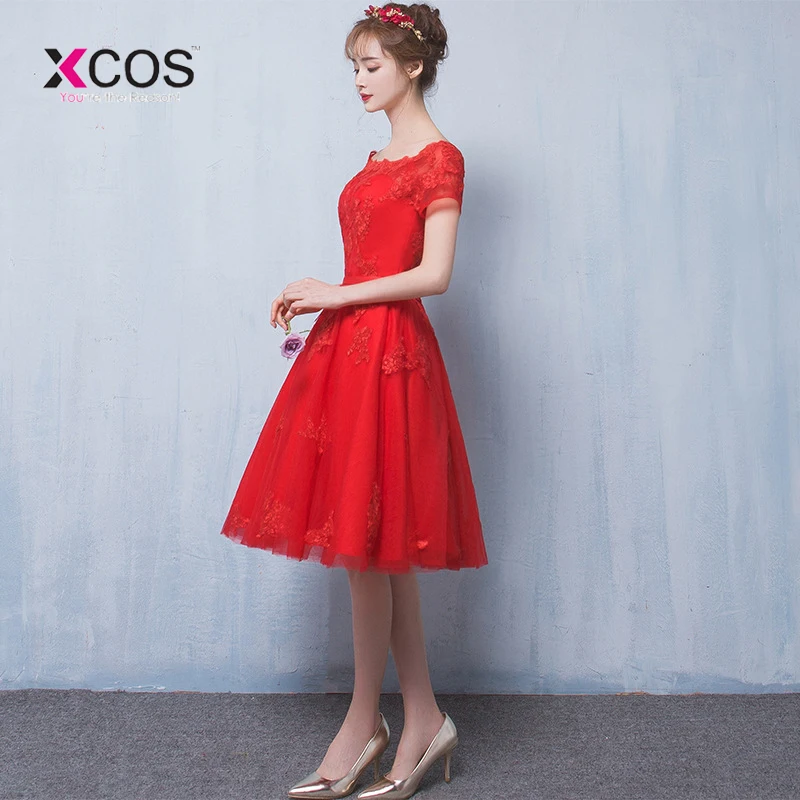 XCOS красное Дешевое платье для вечеринок а линия аппликации Коктейльные Вечерние платья длиной до колена Дешевые Короткие Кружева платье для выпускного вечера