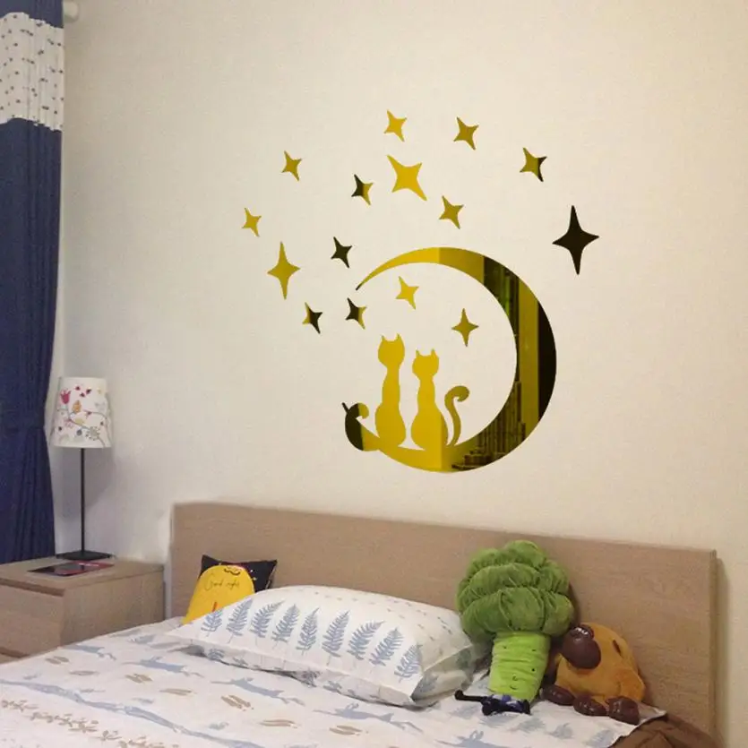 Домашний декор DIY Moon Cat современная акриловая пластиковая Зеркальная Наклейка Ar