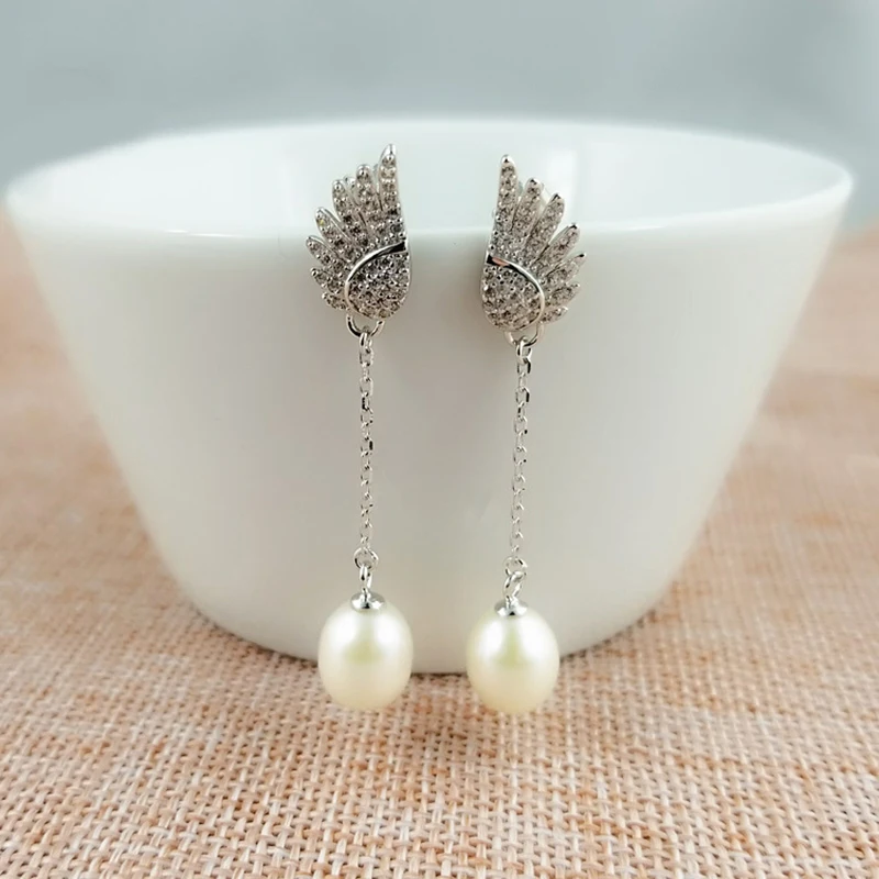 

S925 Sterling Silver Pearl Earrings female Korean Style Inlaid Zircon Wings Stud Earring Mounts Woman Oyster Pearl Making
