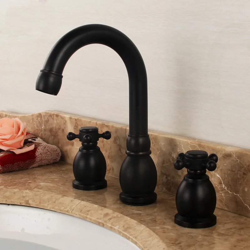 

3 Hole Widespread Black Oil Rubbed Brass Bathroom Basin Faucet Deck Mounted Vessel Sink / Bathtub Dual Handle Mixer Taps