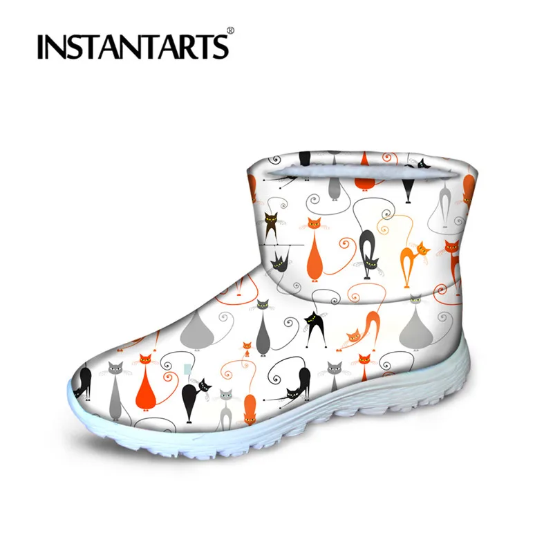 

INSTANTARTS Women Winter Warm Snow Boots Cute Cartoon Cat Puzzle Print Waterproof Botas Female Short Cotton Boot Zapatilla Mujer