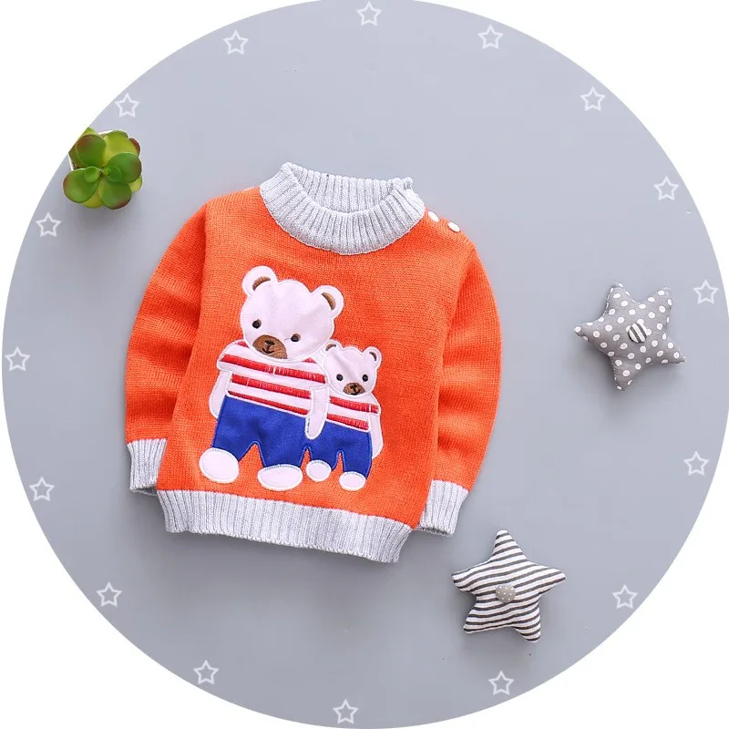 Осенне-зимняя Одежда для маленьких мальчиков и девочек тёплые свитера с рисунком из мультфильма детские пуловеры Медведь свитер для новорожденных Q192 - Цвет: Синий
