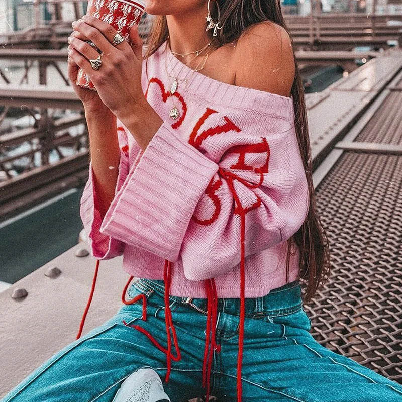 

Cute LOVE Letters Heart Pattern Knitted Women's Sweater Pink Pullover Loose Tassels Long Sleeve Dropped Shoulder Knitting Top