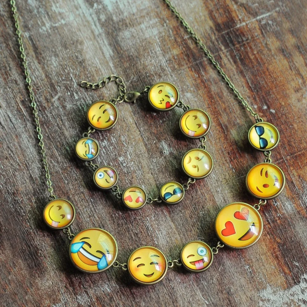 Trendy Cute Double Side Glass Emoji Beaded Chain Bracelet Necklace