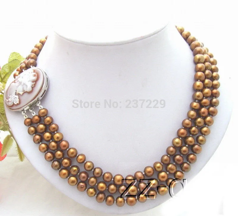 

HOT## Wholesale price > ^^^ 3Strds 7-8mm Brown Pearl Necklace-Cameo Clasp