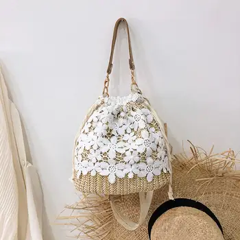 

AIZHIYI Summer Women Straw Bucket Bag with Hollow Flower Lace Ladies Handmade Handbag Beach Messenger Shoulder Bags sac a main