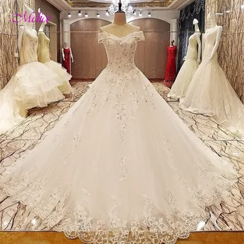 

Fmogl Vestido de Noiva Strapless Lace Up A-Line Wedding Dresses 2019 Delicate Beaded Appliques Princess Wedding Gown Plus Size