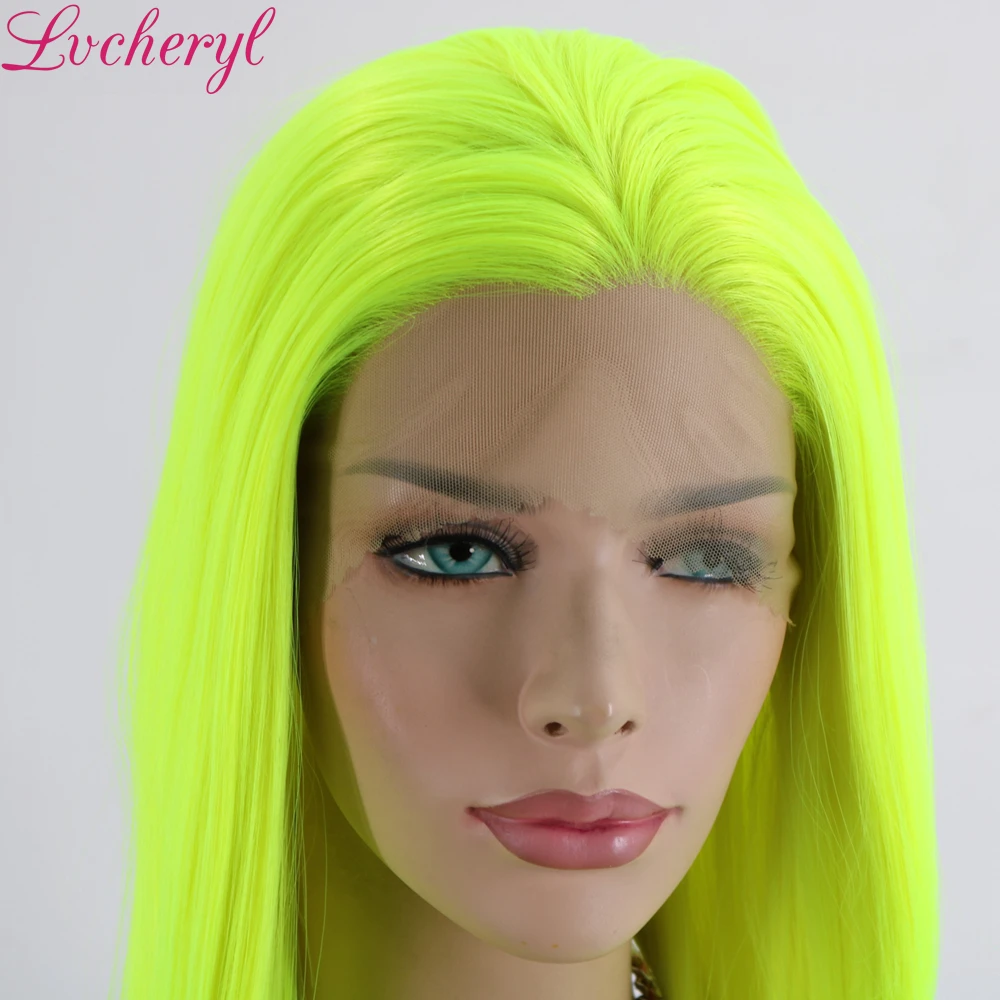 Lvcheryl натуральные длинные шелковистые прямые неоновые желтые термостойкие синтетические кружевные передние парики Косплей вечерние парики для макияжа