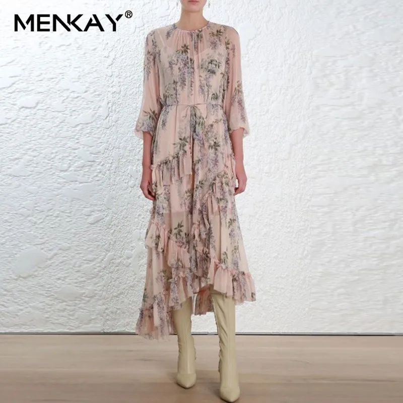 

[MENKAY] Elegant Asymmetrical Midi Print Dress Female Long Sleeve Bandage Ruffle Women's Beach Dresses Vintage Fashion Summer